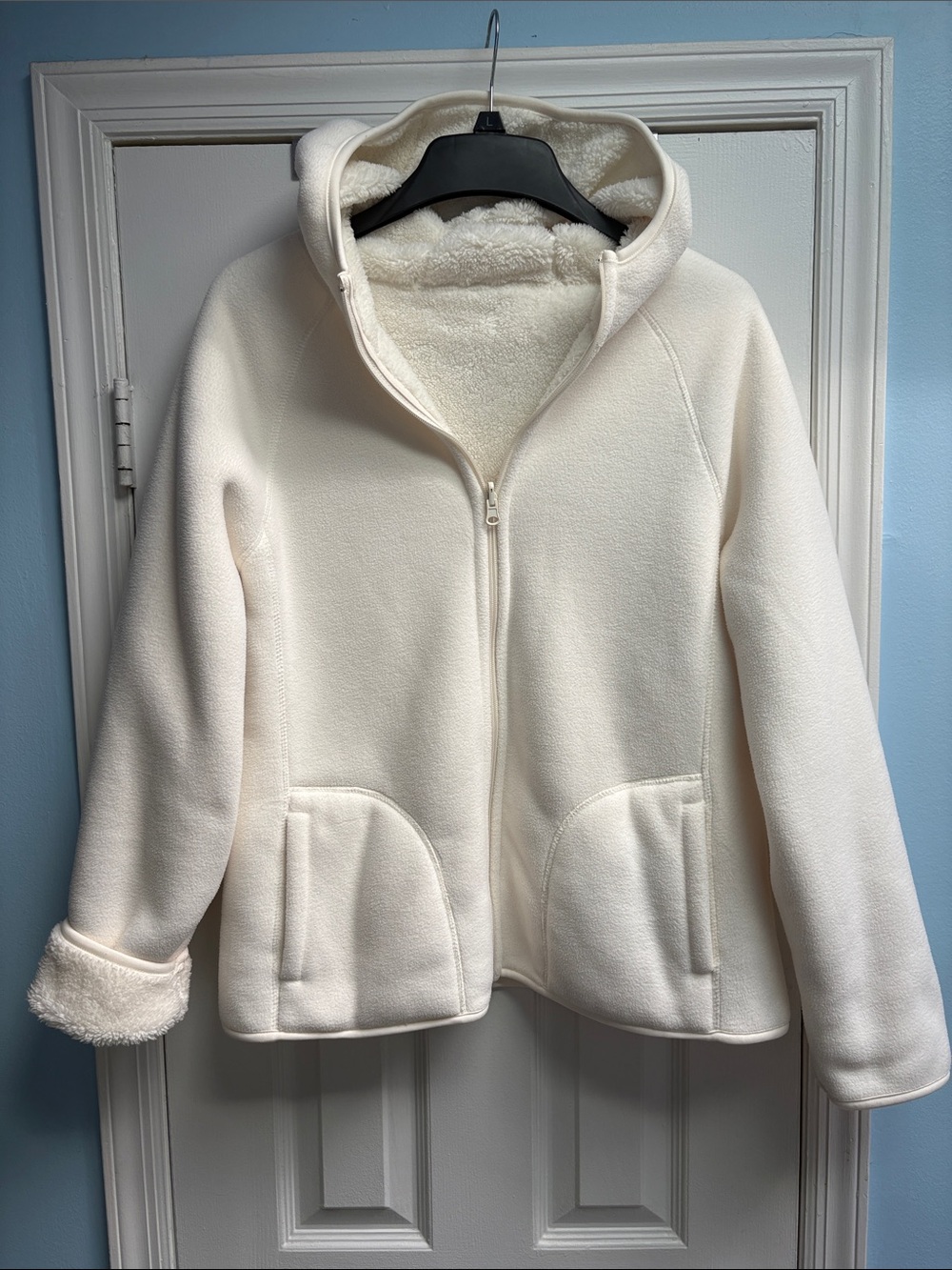 Laura Scott Cozy Reversible Sherpa Fleece Zip Cream Hoodie Women's Jacket Size L